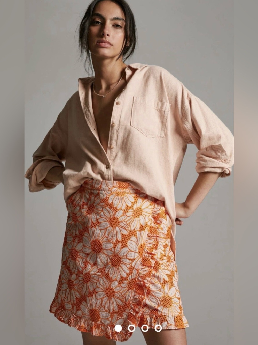 Anthropologie Plenty Tracy Reese Embroidered Floral Ruffle Skirt Orange Medium